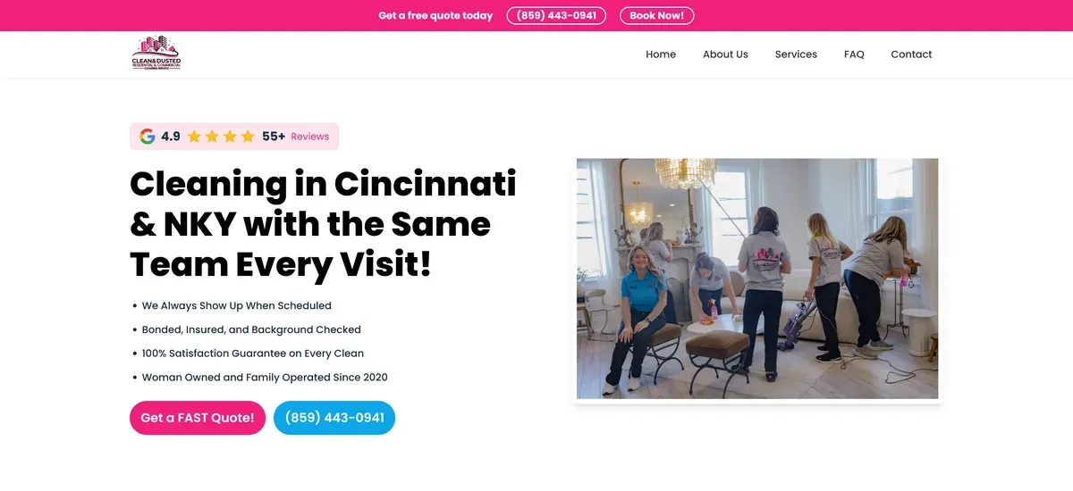 The Clean and Dusted homepage hero: Google review badge, headline, team photo, and two calls to action
