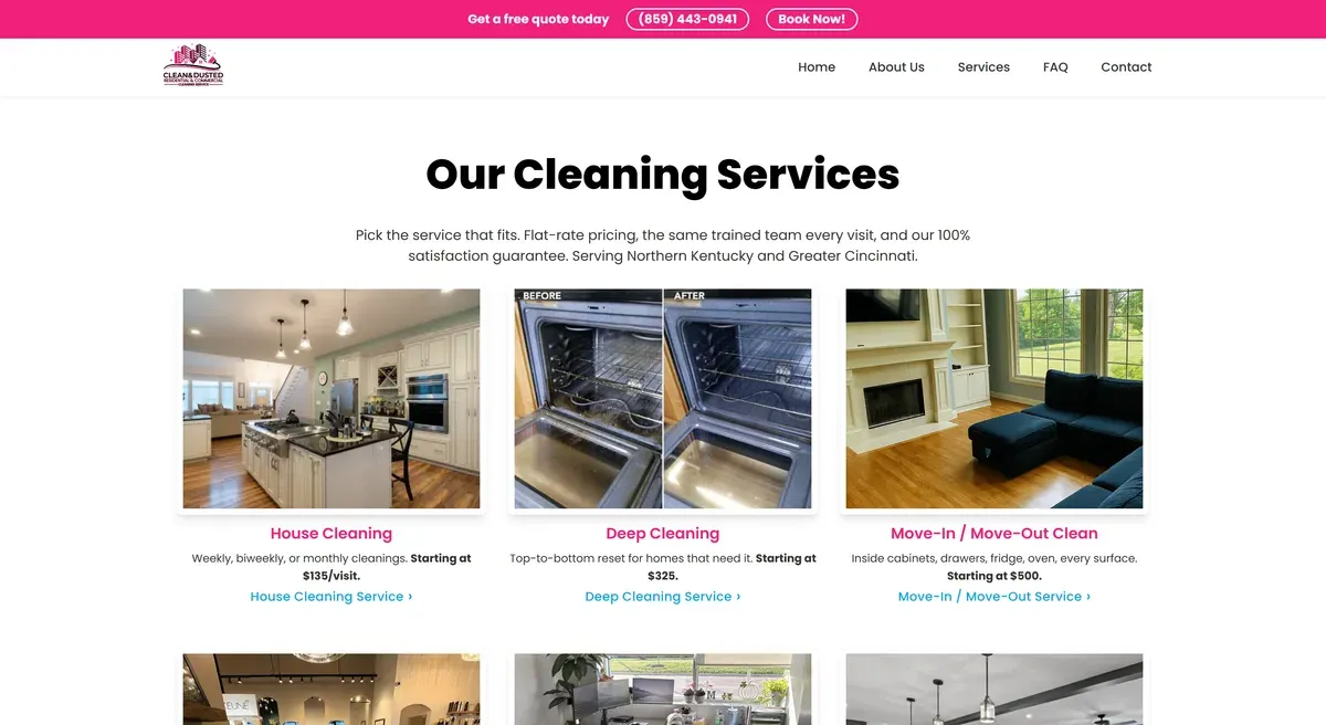 The services hub we built for Clean and Dusted, with a dedicated page for each cleaning service
