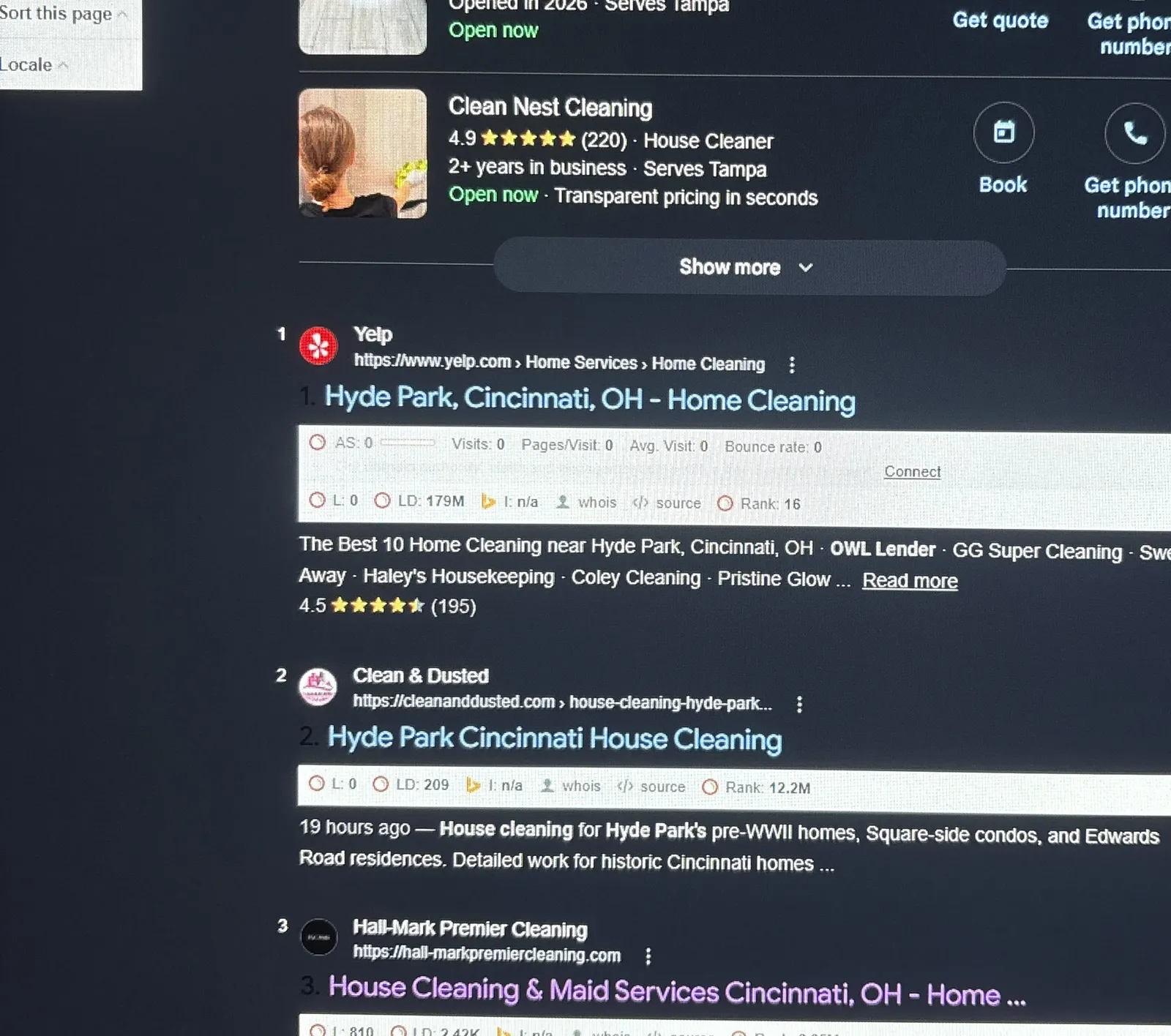 Google results showing Clean & Dusted ranking #2 for Hyde Park house cleaning